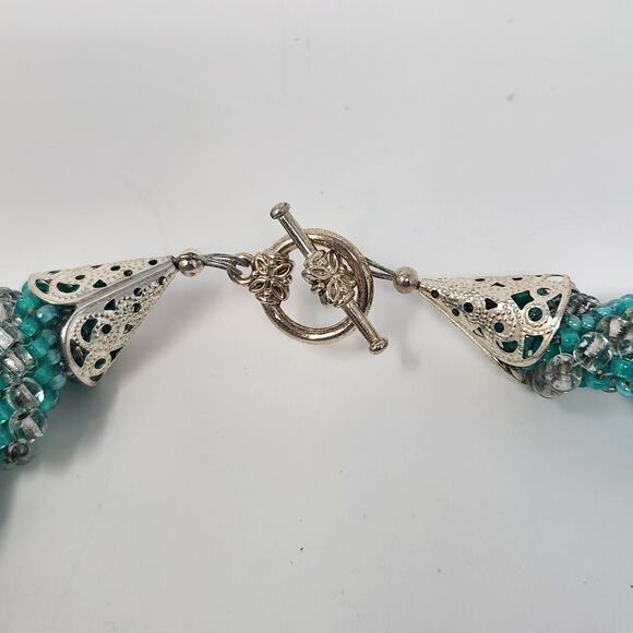 Turquoise Silver Seed Bead Rope Swirl Necklace Toggle Clasp Statement Jewelry - Picture 3 of 5